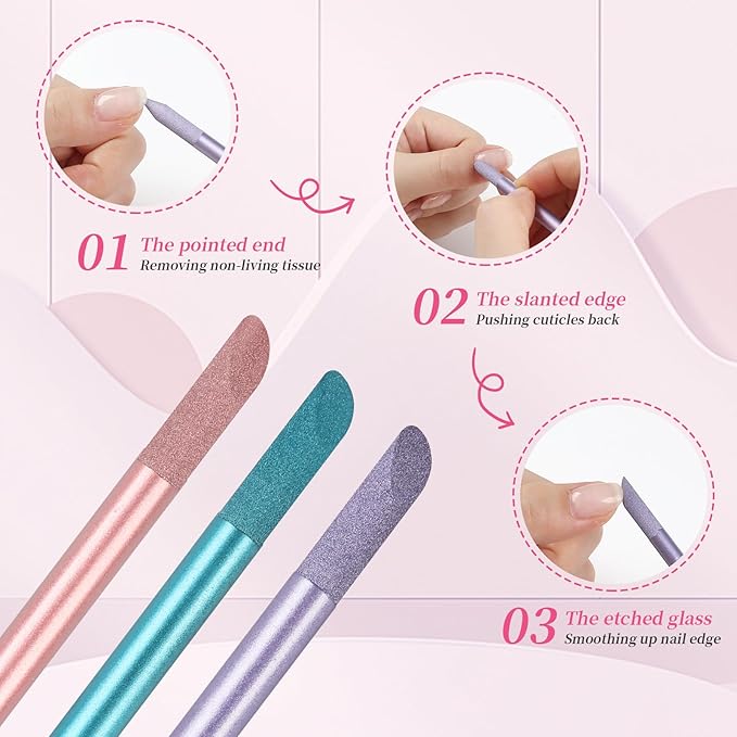3Pcs Glass Cuticle Pusher, heemeei Dual-Ended Manicure Stick, Crystal Cuticle Pusher Glass File, Professional Precision Filing Cuticle Remover, Manicure Pedicure Tools for Nails and Cuticles Care