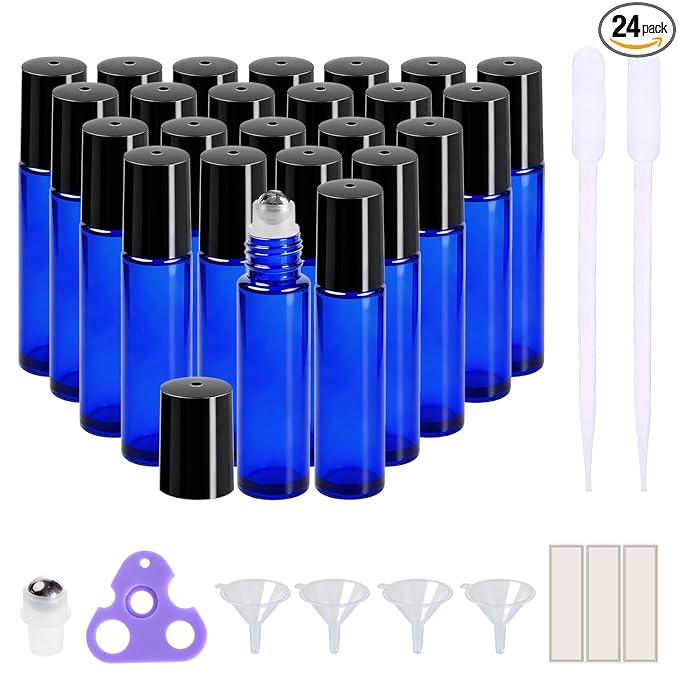 PrettyCare Roller Bottles For Oils 10 ml (Blue Glass, 24 Pack, 2 Extra Stainless Steel Balls, 2 droppers, 1 small brush, 24 Labels, 1 Opener, 1 Funnels Essential Oil Roller Bottles, Roller on Bottles