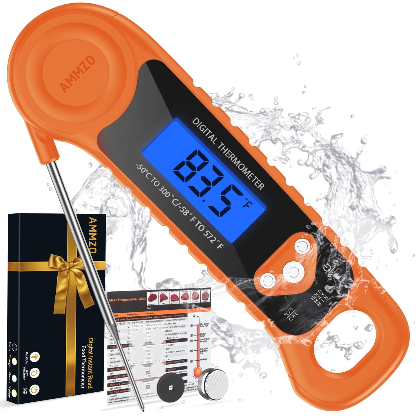 AMMZO Digital Meat Thermometer for Grilling, Candy Thermometer Instant Read Food Thermometer Waterproof with Backlight for Cooking, Deep Fry, BBQ, Grill, Smoker and Roast (Orange)