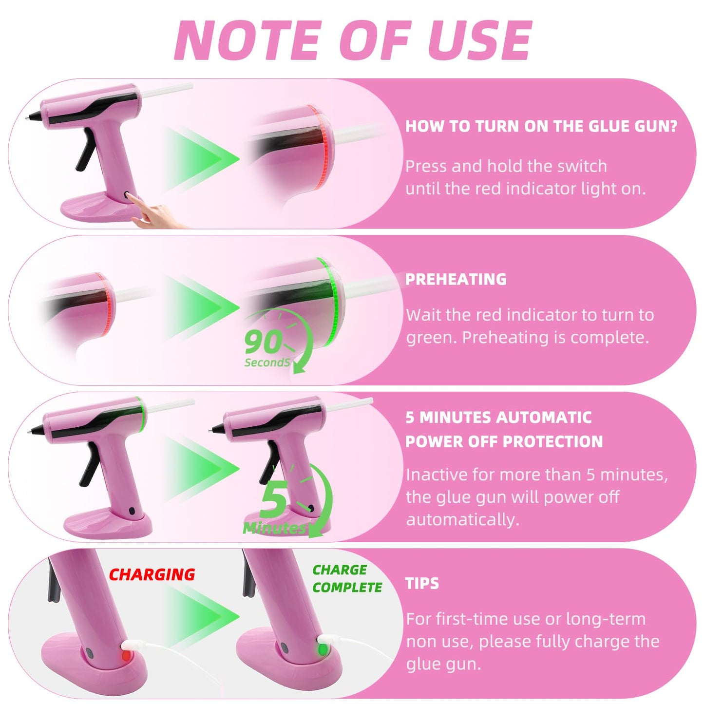 Liumai Cordless Hot Glue Gun Kit with 30pcs Mini Glue Sticks, USB Rechargeable Mini Glue Gun with Carrying Case, Stand-Up Base, Smart Power-Off Hot Melt Glue Gun for Crafting, Pink