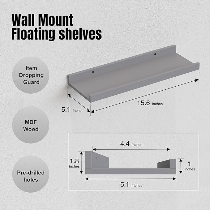 RICHER HOUSE 3 Set Floating Shelves for Wall, 16 inches Wall Mounted Shelves with Lip for Storage, Display Picture Ledge Shelf for Bedroom Bathroom Kitchen Living Room Decor, Modern Grey