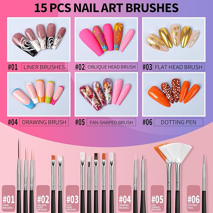 FANDAMEI Nail Art Tools, Nail Brush, 15 PCS Nail Art Brushes, 5 PCS Nail Dotting Tool, Nail Stand, Nail Holder For Painting Nails, Nail Tools, Nail Design Tools, Black