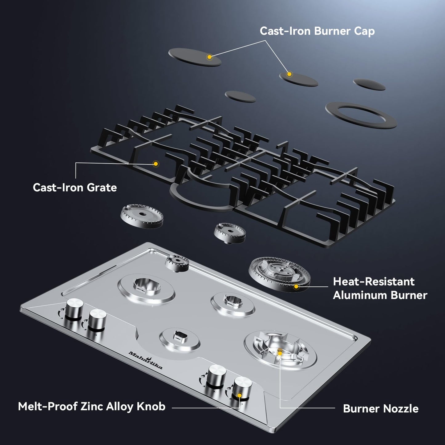Gas Cooktop 24 Inch ROVLEP, Gas Stove Top Built-in 4 Burners Stainless Steel Total 31,600 BTU, 24Inch NG/LPG Convertible Propane Cooktop Dual Fuel, RV Stove Top with Thermocouple Protect