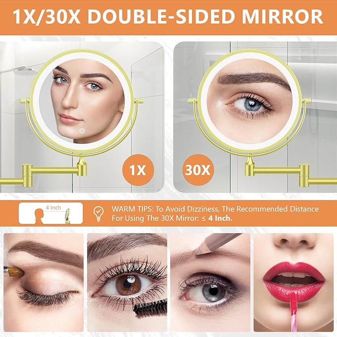 Auxmir 1X/30X Wall Mounted Makeup Mirror with Light, 8" Rechargeable Double-Sided Magnifying Mirror, Vanity Mirror Dimmable 3 Color Light, 360° Extension Rotation Foldable 14.5 Inch Arm, Gold