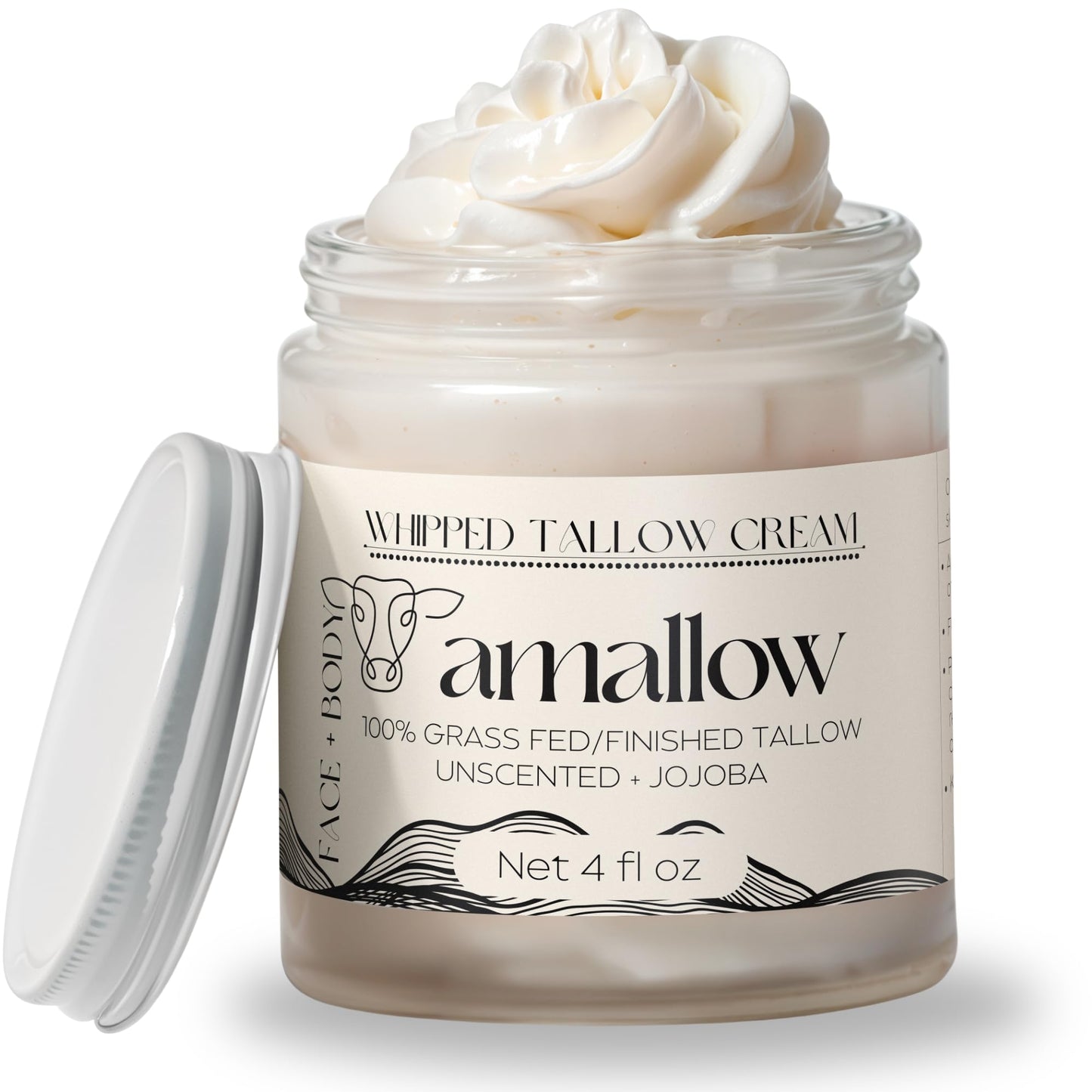 Amallow 100% Grass Fed Beef Tallow for Skin Care - Face + Body - Whipped Moisturizer for Sensitive Skin - Natural Lotion, 4 FL. oz. (Unscented + Jojoba Oil)