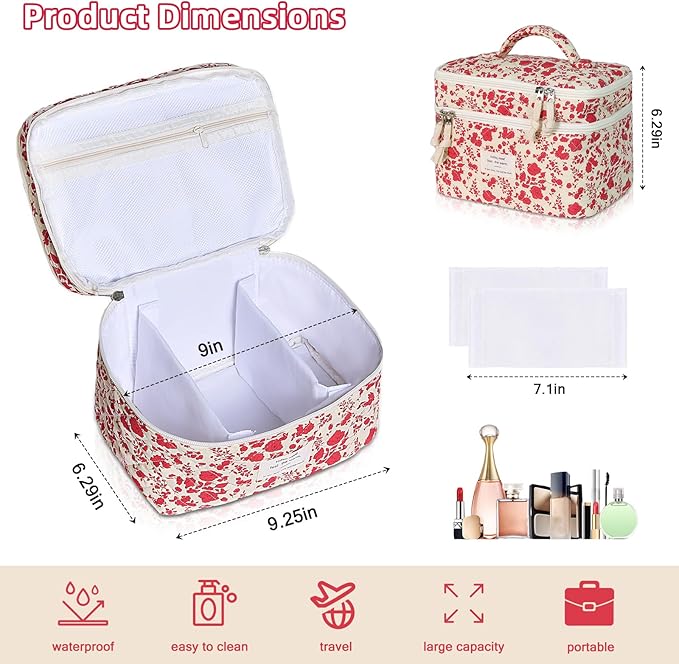 Makeup Bag, Portable Travel Make up Bag, Large Capacity Quilted Cosmetic Organizer Bag, Cute Floral Toiletry Bag for Women Girls (Bright Pink Rose)
