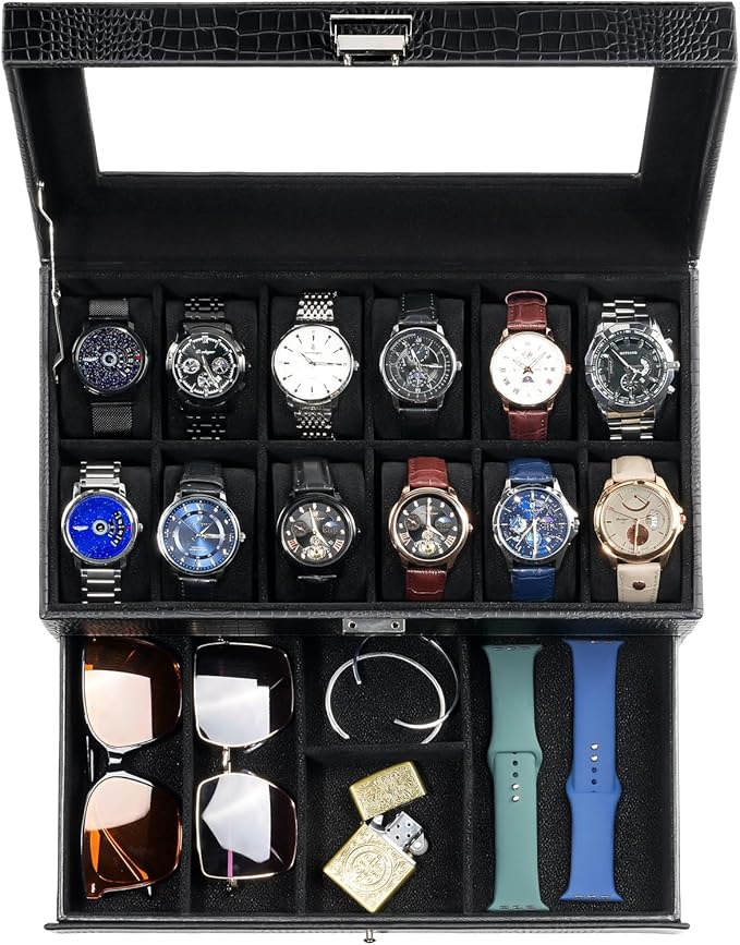 ProCase Watch Box, 12 Slot Mens Watch Case With Drawer, 2-Layer Watch Display Case With Glass Lid, Mens Jewelry Box Storage Holder Organizer, Birthday Valentine Gifts for Men -12Slot, LizardBlack