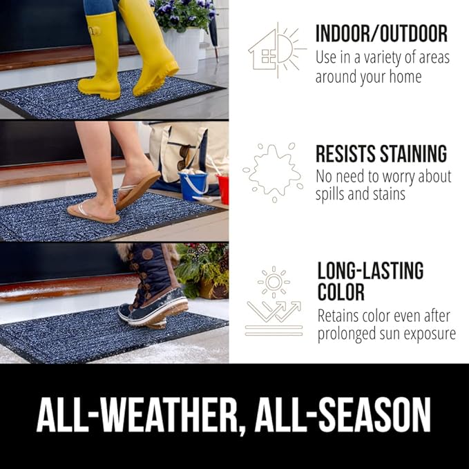 GORILLA GRIP 100% Waterproof All-Season WeatherMAX Doormat, US Designed Natural Rubber, Stain and Fade Resistant, Low Profile Indoor Outdoor Door Mats, Easy Clean Patio Mat, 17x29, Navy Greek Keys