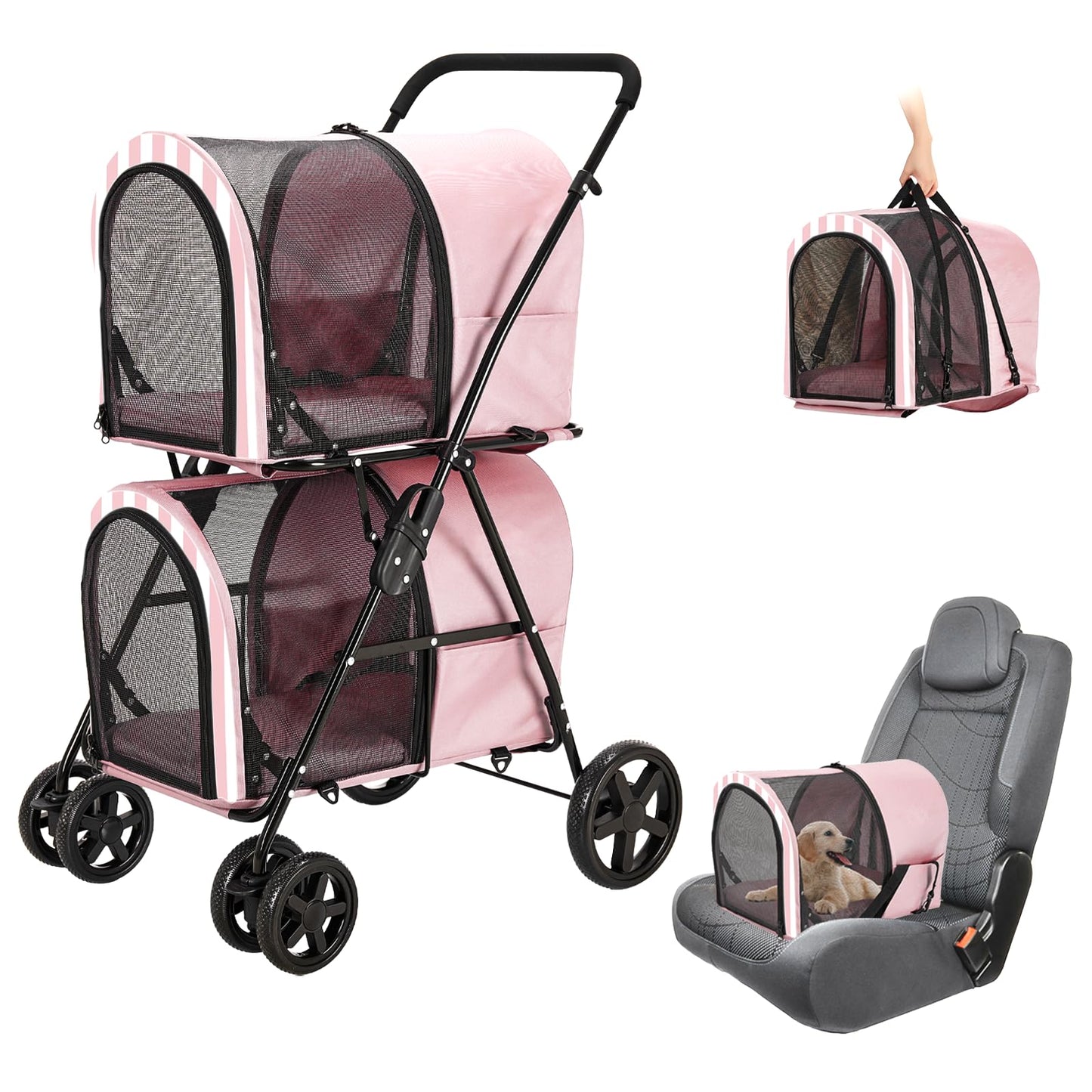 LPOTIUS Double Pet Stroller for Dogs and Cats with 2 Detachable Carrier, Quick-Folding Dog Stroller for Medium Small Dogs Cats, 4 Wheels, Light Pink