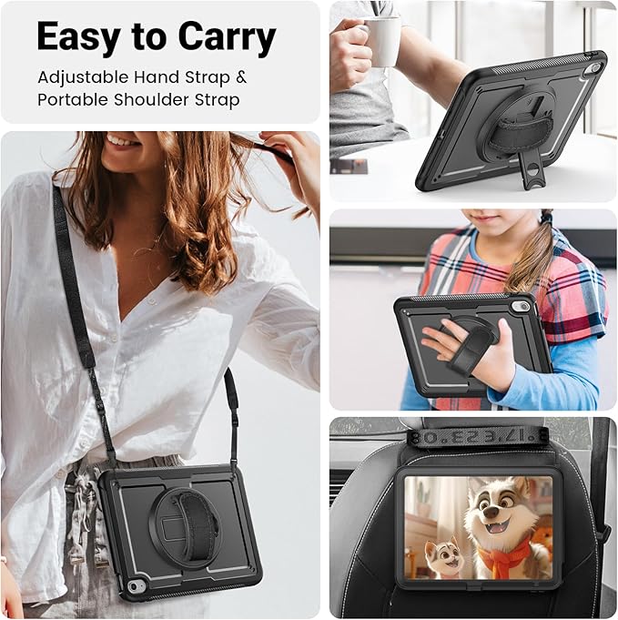 SCSVPN Case for iPad (A16) 11th Generation 11 Inch 2025 / 10th Generation 10.9 Inch 2022, Shockproof Protective Case with Screen Protector, Pencil Holder, Rotating Stand, Hand/Shoulder Strap - Black
