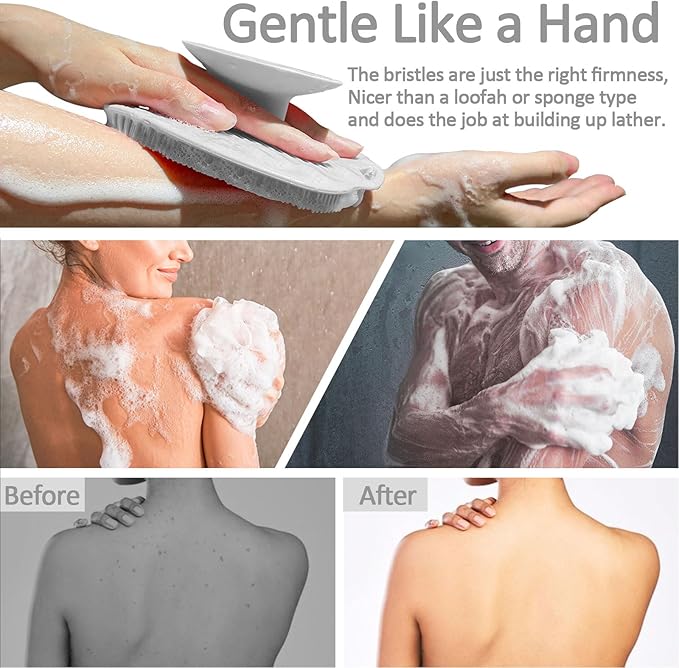 Soft Silicone Body Scrubber, Gentle Like a Hand Exfoliating Your Skin and Build Up Lather Easily, Back Large Suction Cup Easy to Store, Long-Lasting & Deep Clean (Gray)