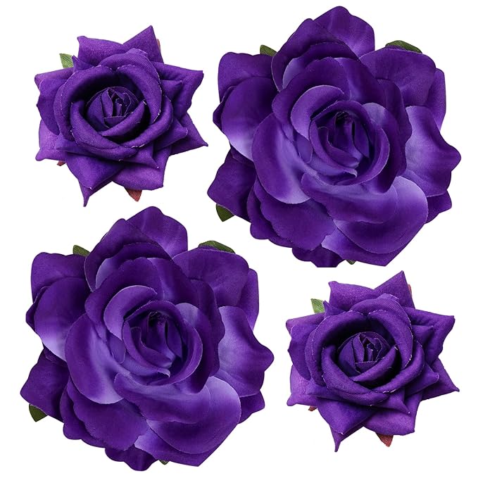 Rose Hair Clip Flower Hairpin Brooch Floral Clips, 4 Pcs Fabric Rose Flowers Hair Clips Mexican Hair Flowers Pin up Headpieces for Woman Girl Wedding Party Mother's Day (Dark Purple)