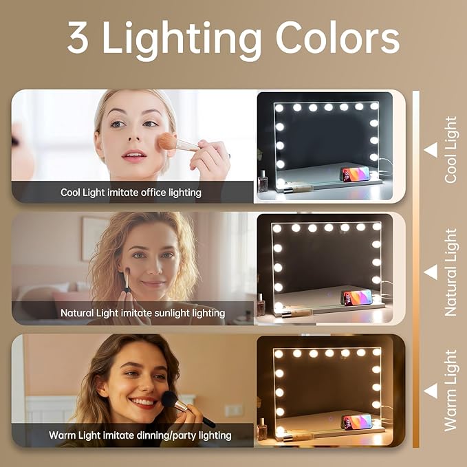 Hollywood Vanity Mirror with Lights, Lighted Makeup Mirror with 10x Magnification for Desk, Dimmable Led Bulbs, 3 Lighting Modes for College Dorm, Bedroom, Dressing Room (White)