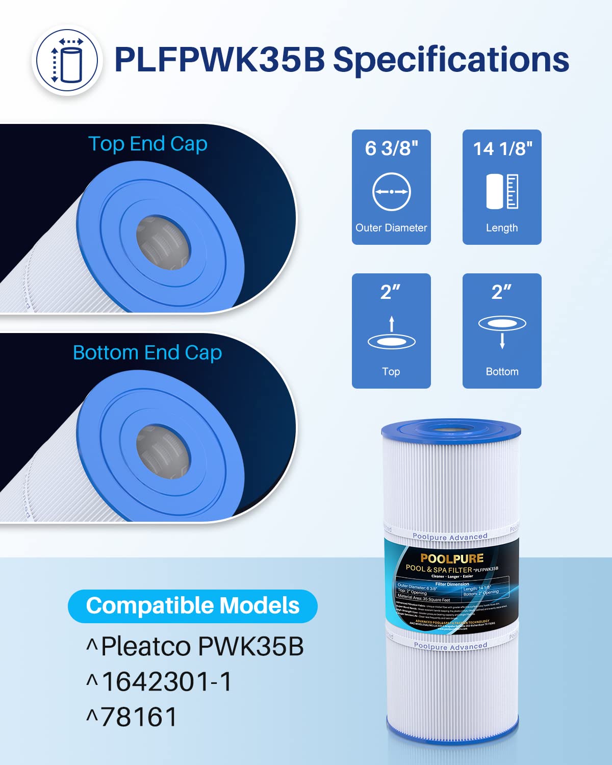 POOLPURE PWK35B SPA Filter Replaces Hot Springs Limelight Series Spa Filters, Watkins 1642301-1, 78161, 78286, Pleatco PWK35B, Filbur FC-3921, SD-01386, 35 sq. ft. 2PACK (White-Standard)