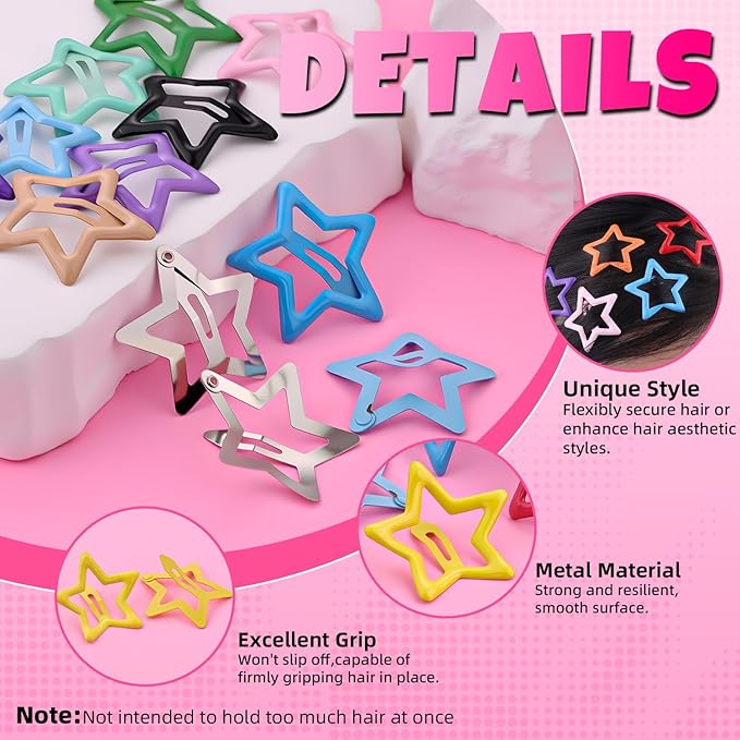 50 PCS Colorful Hair Clips Silver Star Hair Clips, 1.18 Inch Y2K Accessories Silver Snap Clip, Non-Slip Small Star Barrettes Accessories for Girls Women, Cool Ornament Set for Rave Decor