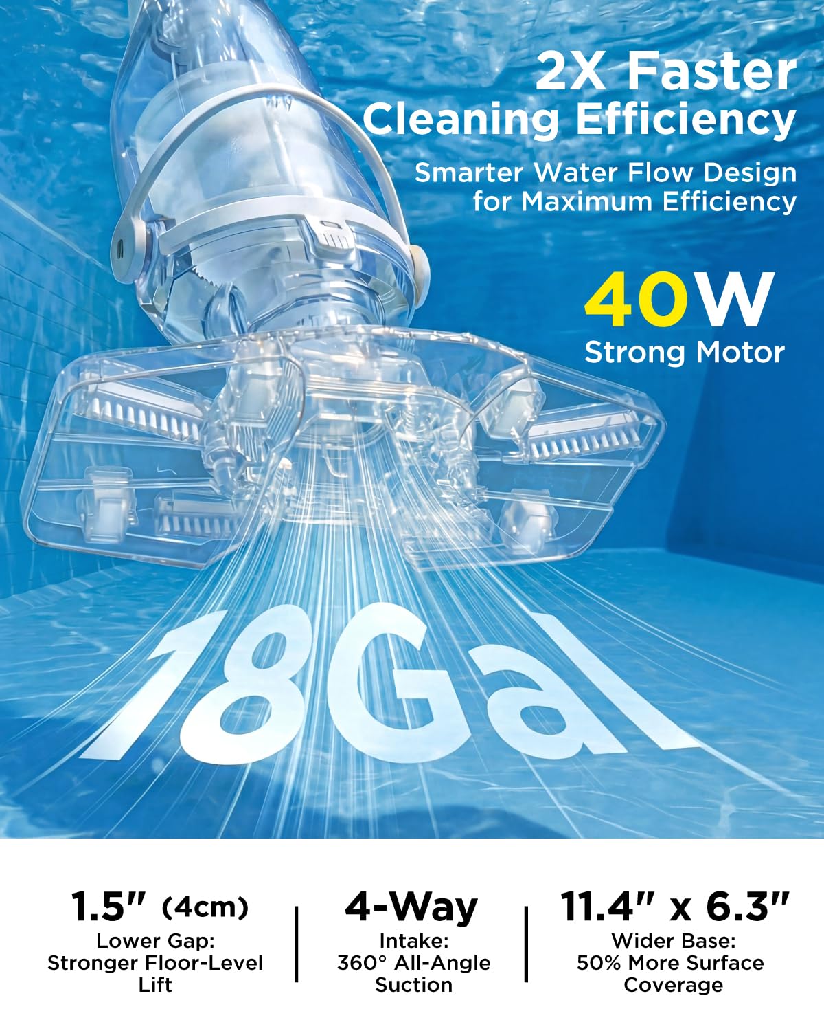 InoKraft Pool Vacuum for Above Ground Pool, Cordless Pool Vacuum for Inground Pools, Rechargeable Pool Cleaner with 18.5 GPM Suction, Above Ground Pool Vacuum with 59” Extendable Pole, Gray