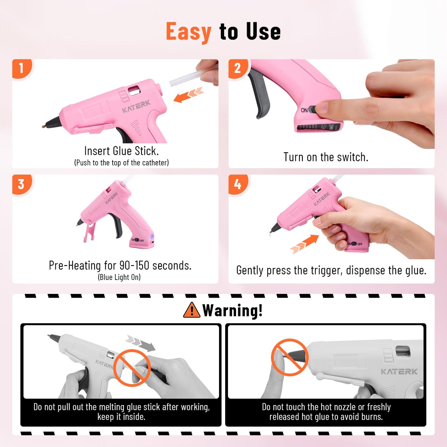 Katerk 3.7V Cordless Hot Glue Gun Kit, 90s Fast Heating, Mini Glue Gun with 15 Glue Sticks, USB-C Rechargeable with 2000mAh Built-in Battery, Ideal for DIY, Gift Making, School Crafts & Repairs (Pink)