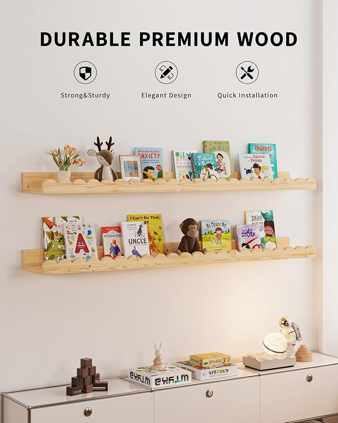 Shario Nursery Book Shelves, 4-Pack Wood Floating Shelves for Wall Kids, Scalloped Shelves, Wall Book Shelves for Bedroom Kids, Toddler Room, Baby Room, Nursery Decor(Wood, 36 Inches)