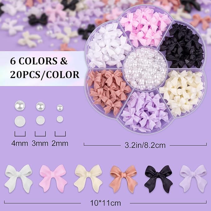 1 Box 3D Bow Charms & Flatback Pearls Set - 120 Pcs Cute Bow Charms in 6 Colors + 2-4mm White Nail Pearls with Pickup Tweezer & Pencil for Nail Art Decoration
