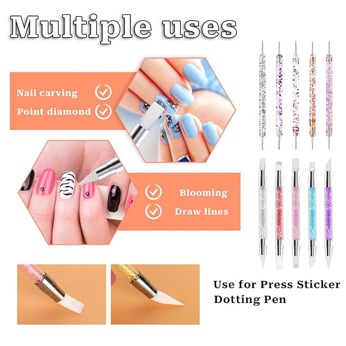 10PCS Nail Art Gel Carving Pen Rhinestone Handle Silicone Nail Art Pen Brushes for Design Foil Carving Drawing 3D Effect Shaping Drawing Dotting Tool