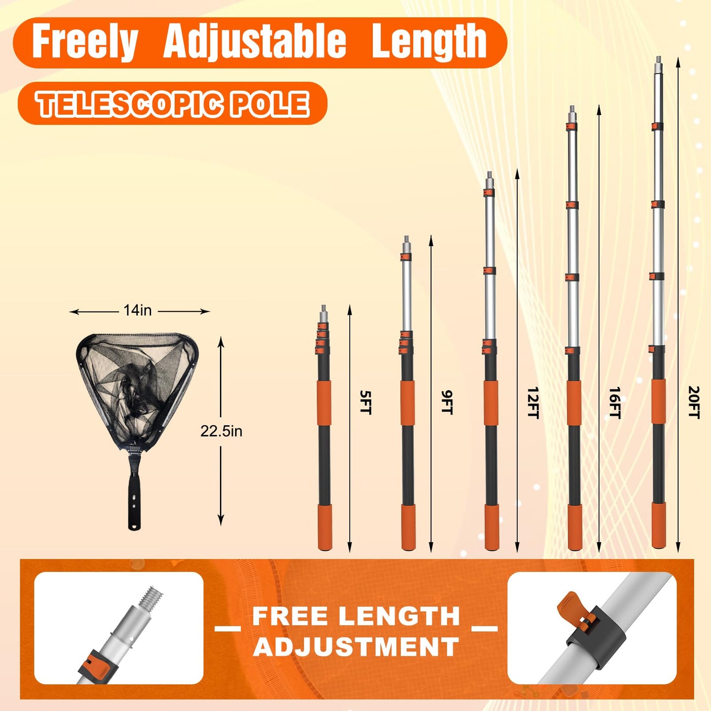 SISIUPASSIE 20FT Pool Skimmer Net with Pole, Foldable & Larger Capacity Pool Net for Cleaning, Telescopic Pool Pole Heavy Duty with Fine Mesh Pool Leaf Net for Above Ground & In-ground Pools