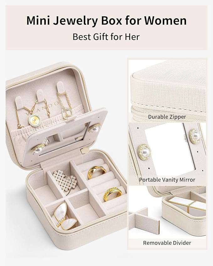 VLANDO Bridesmaid Gifts - Small Travel Jewelry Box Organizer - Wedding Gifts for Girls Women Rings Earrings Necklaces Storage with Mirror - Milky White