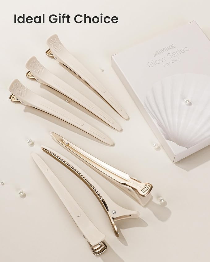 AIMIKE 4.8" Hair Clips for Styling – Built-In Silicone Band Duckbill Hair Clips, No-Crease Sectioning Clips for Thick, Curly Hair, Ideal for Makeup, Hairstyling & Rollers, 6-Pack, Desert Titanium
