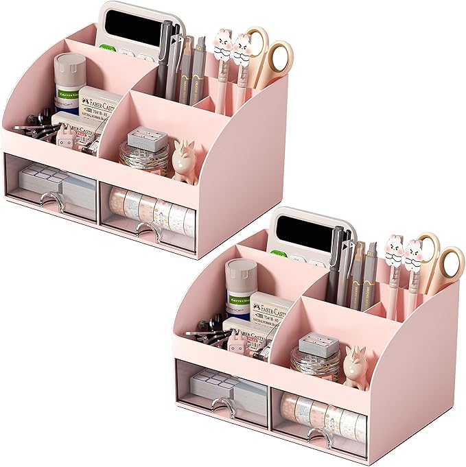 Desk Organizer with 6 Compartments and 2 Drawers, Plastic Makeup Organizer, Pen Holder for Desktop Storage, Desk Organization for School, Home, Office Supplies Pink-2Pack