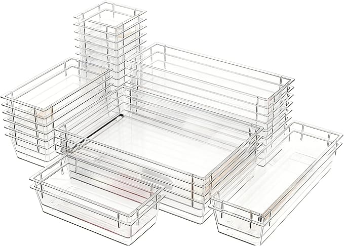 Clear Acrylic Drawer Organizer Trays, 5 Size Junk Box Organization Small Storage Container Bin for Desk Makeup Bathroom Vanity Kitchen Tool Make Up Workspace Home Dorm Apartment Office Room Nightstand