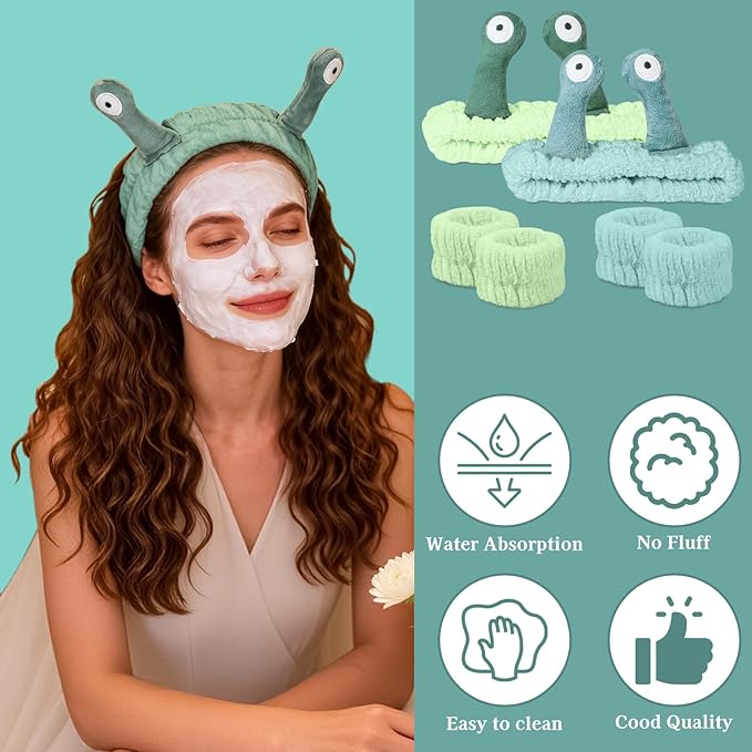 Snail Face Wash Headband Skincare & Wrist Bands for Washing Face Set Cute Spa Headband for Women and Wrist Faces Wash Bands for Shower, Facial Cleaning, Soft Coral Fleece Makeup Headbands,Green