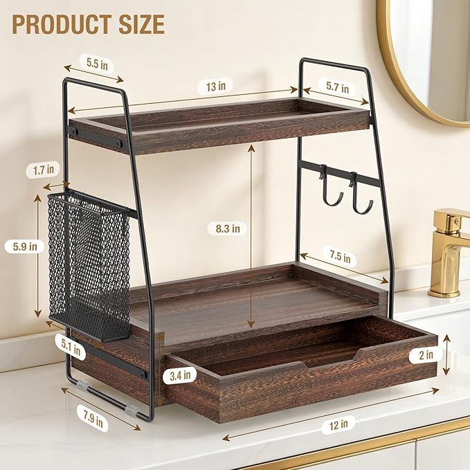 2-Tier Bathroom Counter Organizer with Drawer & Removable Basket, Wood & Metal Vanity Organizer for Skincare, Makeup, Perfume, Toiletries, Small Bathroom Counter Shelf, 13'' Rustic