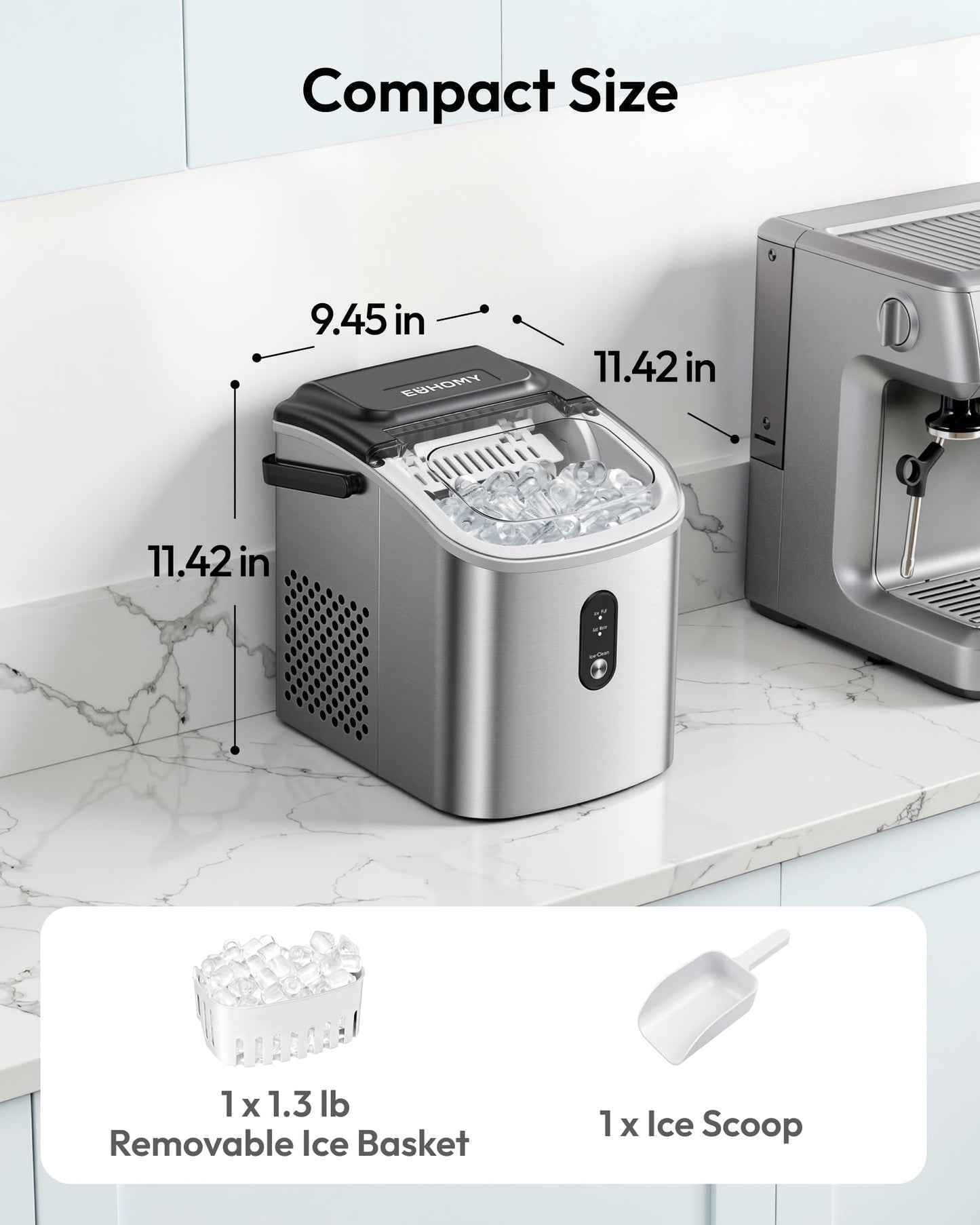EUHOMY Ice Maker Countertop, Portable Ice Machine with Carry Handle, 26.5lbs Per Day, 9 Cubes in 6 Mins, Auto-Cleaning, with Basket and Scoop, for Home, Kitchen, Camping, RV (Silver)