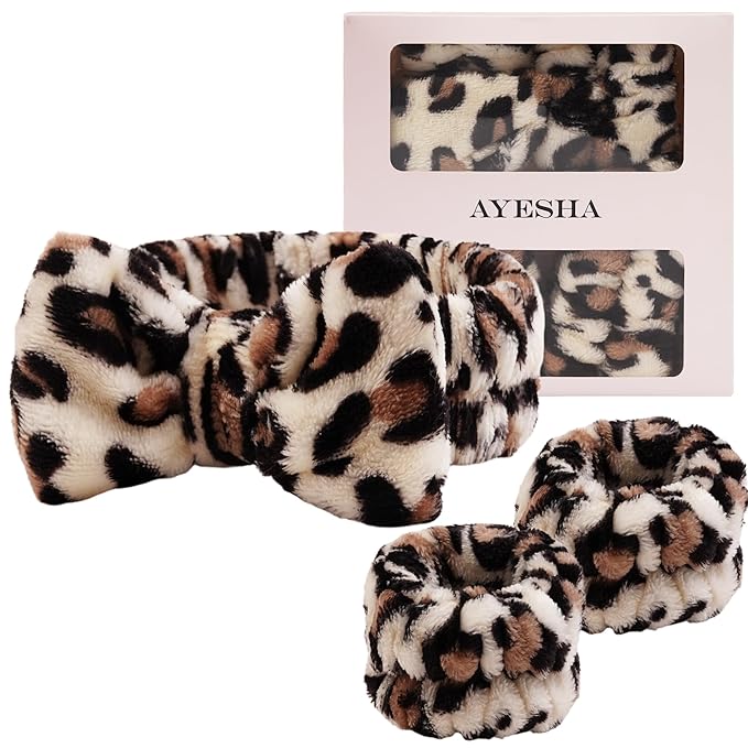 Ayesha Spa Headband and Wristband Set for Skincare Washing Face,Cheetah print Makeup Headband Wrist Cuffs for Preppy Skincare Women Girl