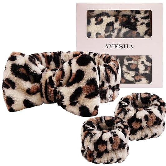 Ayesha Spa Headband and Wristband Set for Skincare Washing Face,Cheetah print Makeup Headband Wrist Cuffs for Preppy Skincare Women Girl