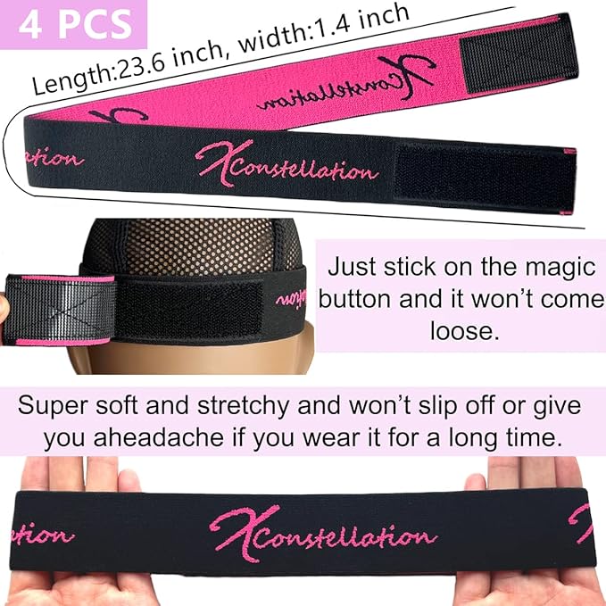 Wig Band Elastic Bands for Wig Edges, Baby Hair Keeping, and Edge Laying - Lace Melting Bands for Wigs and Sewing (4 PCS, BlackPink)