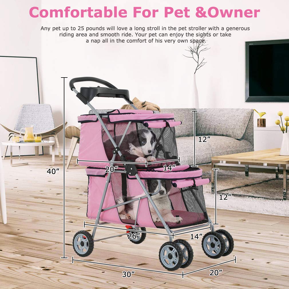 Dog Stroller Cat Pet Carriers for Small Medium Dogs Cats Travel Camping 4 Wheels Lightweight Folding Crate Stroller with Soft Pad (Pink)