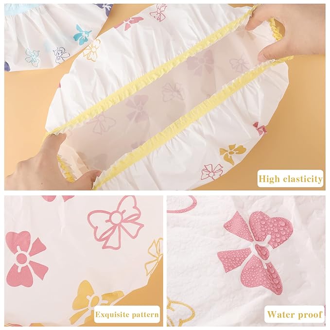 Waterproof Shower Caps, 3 Pcs Plastic Reusable Shower Caps Elastic Band Bath Caps for Women, Kids (Flower)