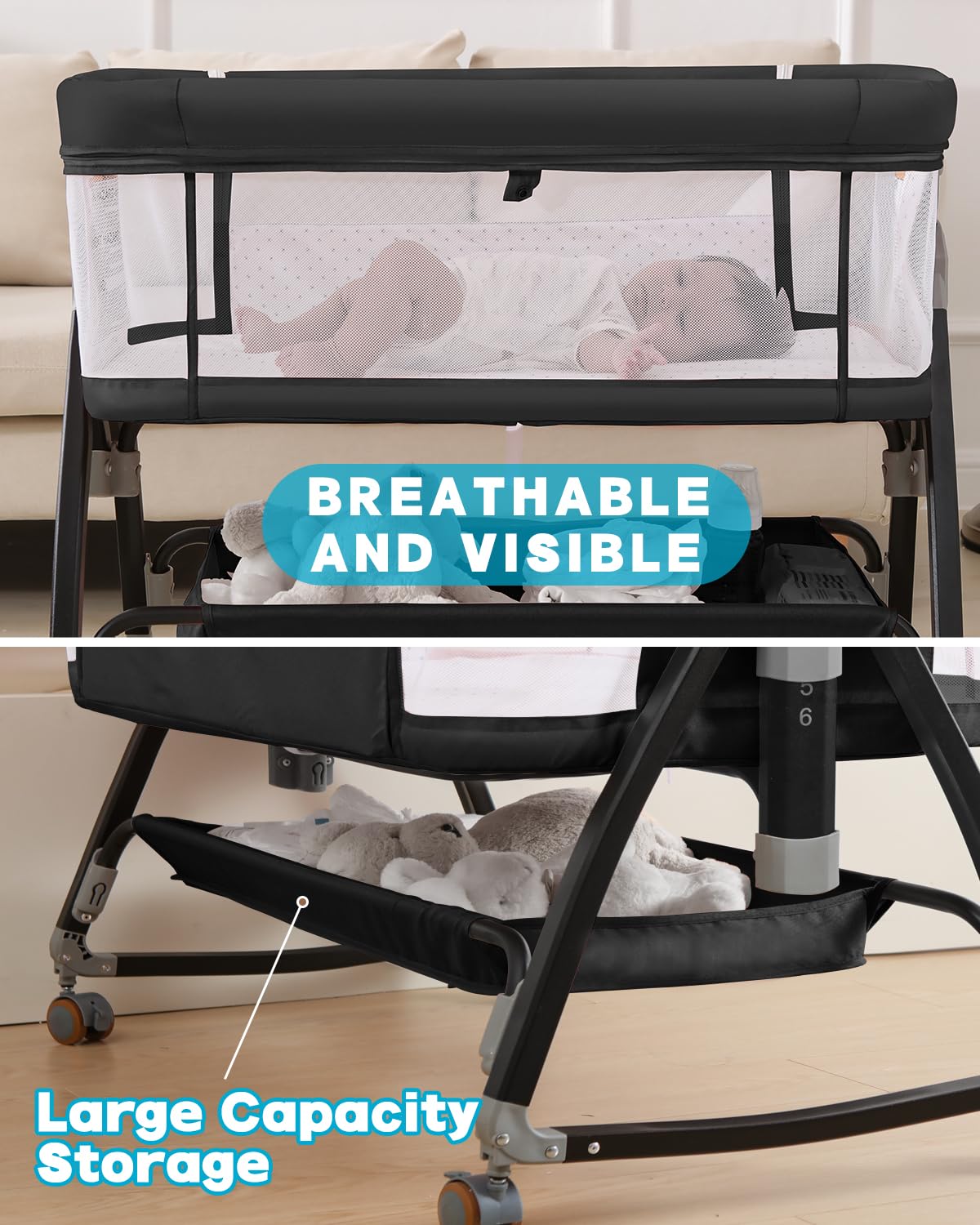 wayfong 3 in 1 Baby Bassinet Crib with Breathable Mesh, Bassinet Bedside Sleeper with Wheels, Mosquito Net, Storage Basket, 6 Height Adjustable, Easy to Assemble, Bassinets for Newborn Baby