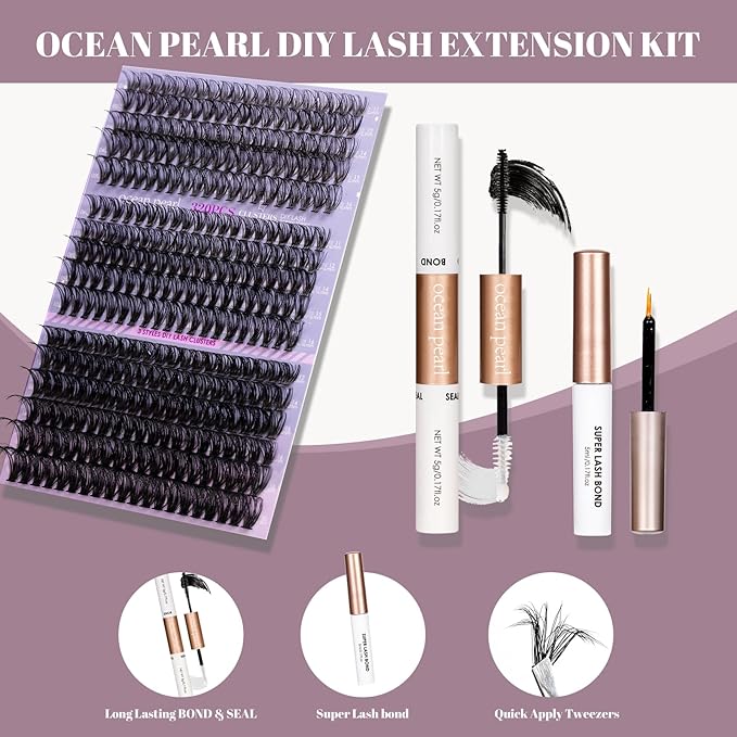 Ocean Pearl Lash Clusters 320PCS 11-20mm Lash Extension Kit 30D+40D+60D Eyelash Extension Kit Individual Lashes Thick Eyelash Clusters Lashes Clusters with Eyelashes Bond+Seal+Adhesive+Tweezer-60D