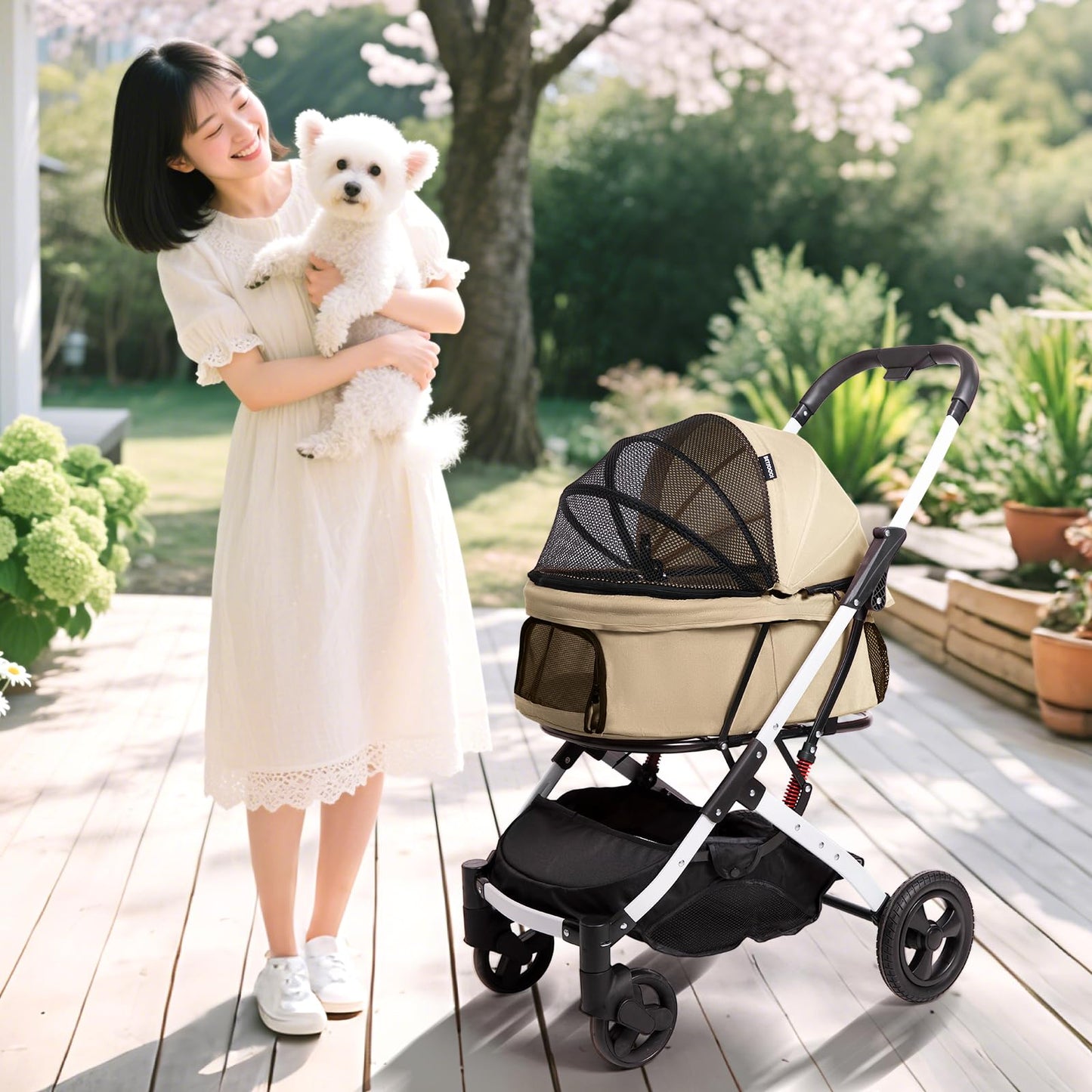 BETSOCCI Pet Stroller for Medium Small Dog & Cat, Foldable Lightweight Dog Stroller with Storage Basket Pet Travel Carriage with Safety Leashes, 4 Wheel, Khaki