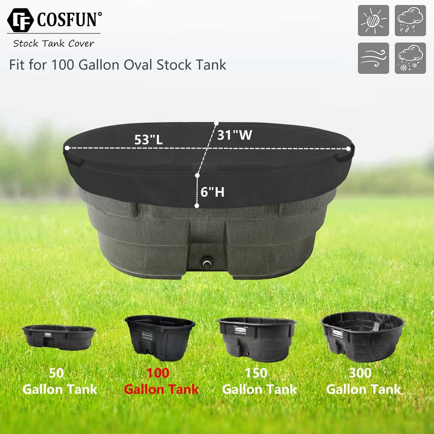 COSFUN 100 Gallon Oval Stock Tank Cover,Waterproof Dust Proof Anti-UV Ice Bath Cover,Keep Water Trough Clean(Elastic Bottom,Black)