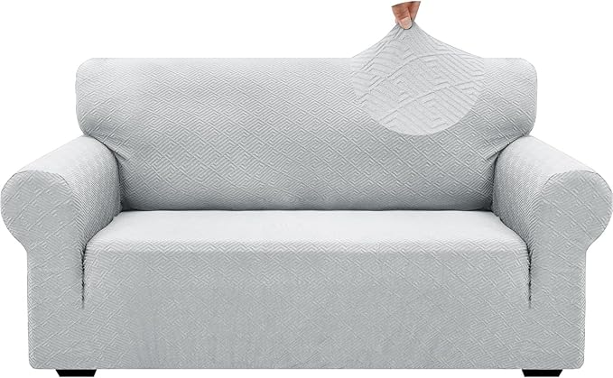 ZNSAYOTX 1 Piece Jacquard Couch Covers for 2 Cushion Couch High Stretch Loveseat Slipcover for Pets Dogs Anti Slip Love Seat Sofa Slipcover Furniture Protector (Medium, New Pattern Silver Grey)