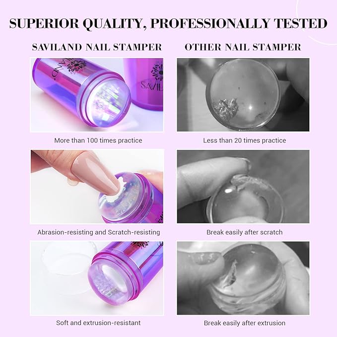 Saviland French Tip Nail Stamp: 5PCS Purple Radium Jelly Stamper Nail Art Stamper Kit, Long & Short Clear Silicone Nail Stamping with Scrapers Nail Stamp for French Manicure
