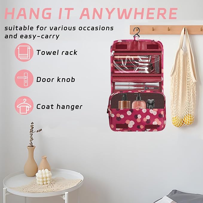 Toiletry Bag Travel Bag with Hanging Hook, Waterproof Capacity Hanging Multifunctional Makeup Bag for Toiletries, Portable Cosmetic Bag Travel Organizer for Women and Men(Wine Red FLower)