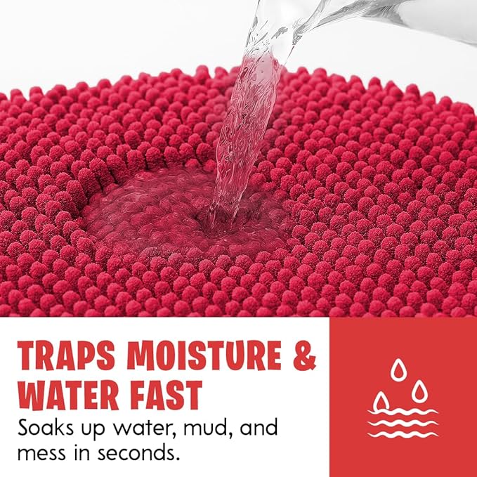 MudGuard Mat™ Dog Door Mat for Muddy Paws, Super Absorbent Microfiber, Non-Slip Indoor Mat, Quick Dry Chenille Mud Mat for Dogs & Entryway, Washable, Red 24" x 60"