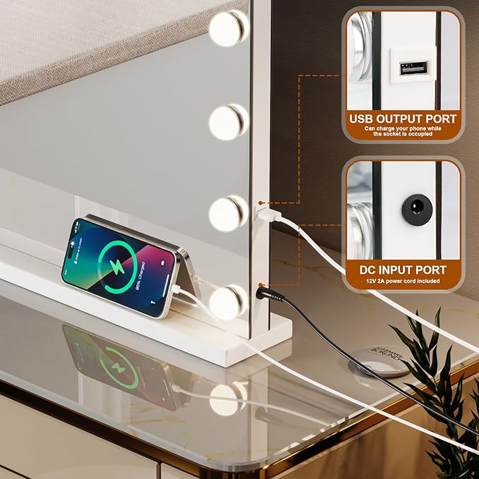 Vanity Mirror with Lights and Bluetooth, 23"X18" Hollywood Mirror for Desk/Wall-Mount, 3 Color Modes Light up Mirror with 15 LED Bulbs USB Charging Port and 10X Magnification, Gifts for Women