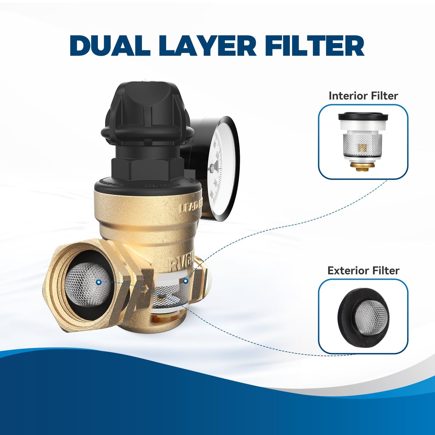 RVGUARD RV Water Pressure Regulator Valve With An Adjustable Knob, Tool-Free, CSA Approved, Lead-Free Brass Water Pressure Reducer with Gauge and Inlet Screen Filter for RV Camper Travel Trailer