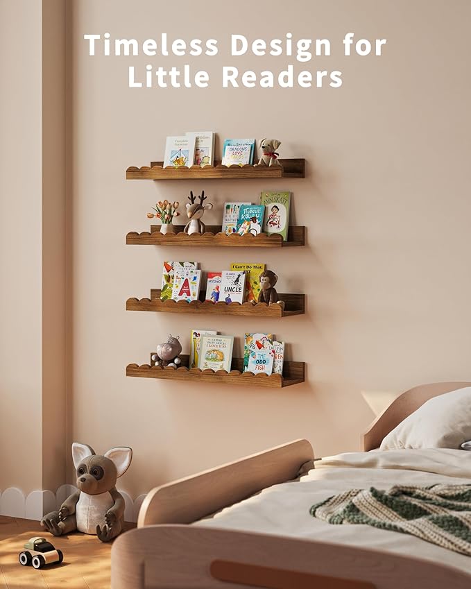 Shario Nursery Book Shelves, 4-Pack Walnut Brown,Floating Shelves for Wall Kids, Scalloped Shelves, Wall Book Shelves for Bedroom Kids, Toddler Room, Baby Room, Nursery Decor