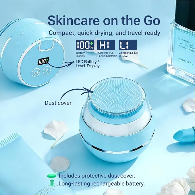 Electric Face Scrubber & Silicone Facial Cleansing Brush - Waterproof Sonic Face Brush Exfoliator with LED Screen, 3 Beauty Light Modes, Rechargeable Face Wash Brush for Deep Cleaning & Massage-Blue