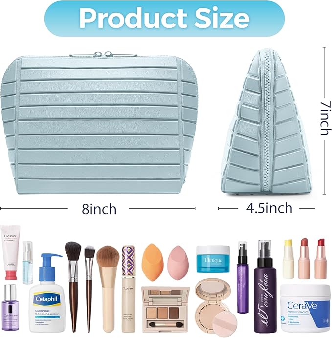 Travel Makeup Organizer Bag with Fold-Down Design and Adjustable Dividers, 27 Pockets & 3 Brush Storage Holders, Large Capacity Cosmetic Bags Toiletry Case - Light blue